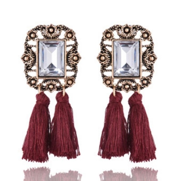 Red Wine Tassel Gem Drop Dangling Fashion Earrings - Picture 2 of 3
